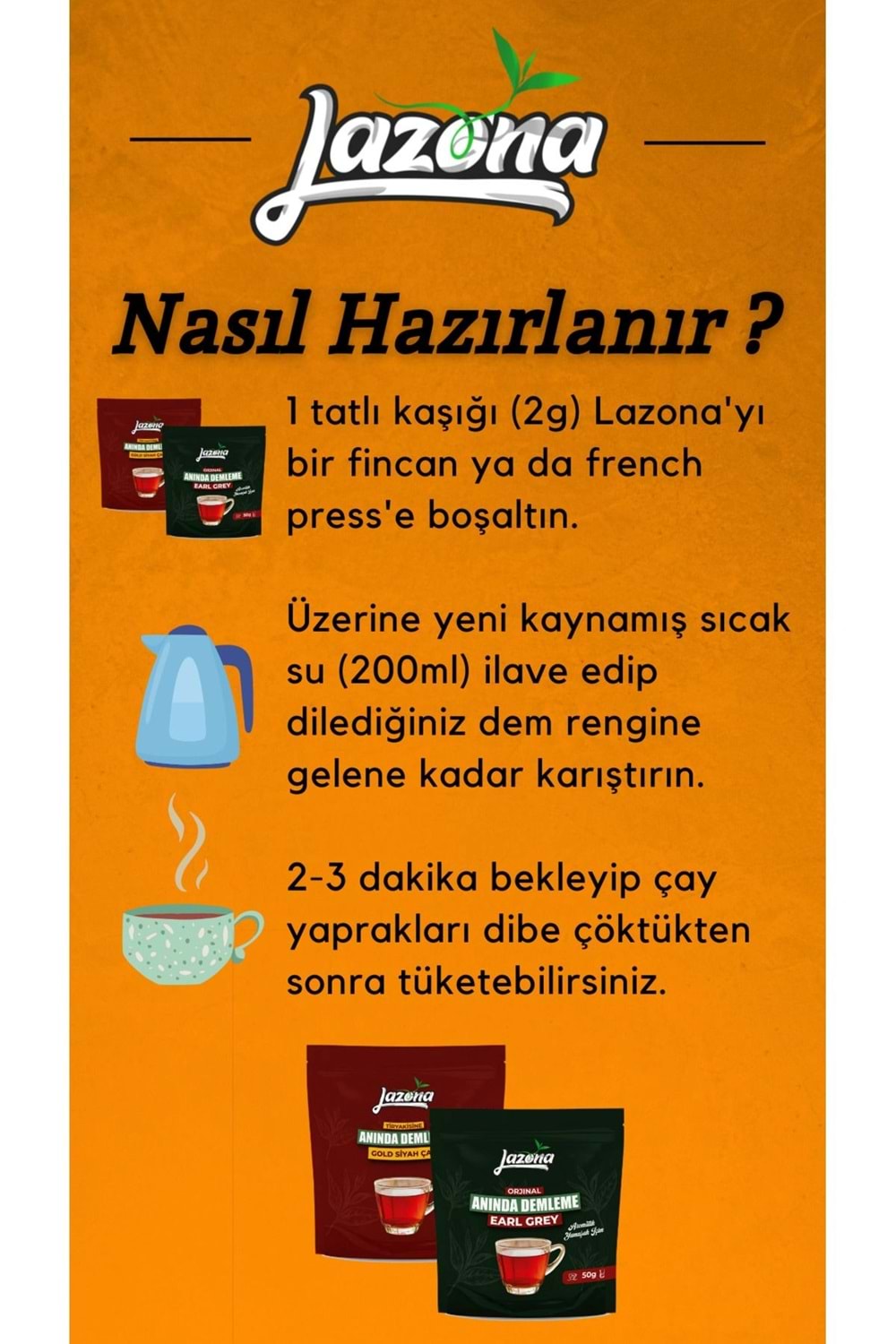 Lazona Anında Demleme Çay Tiryakisine Klasik Gold Siyah Çay 50 Gr. 25'li Tek Dem Paketi