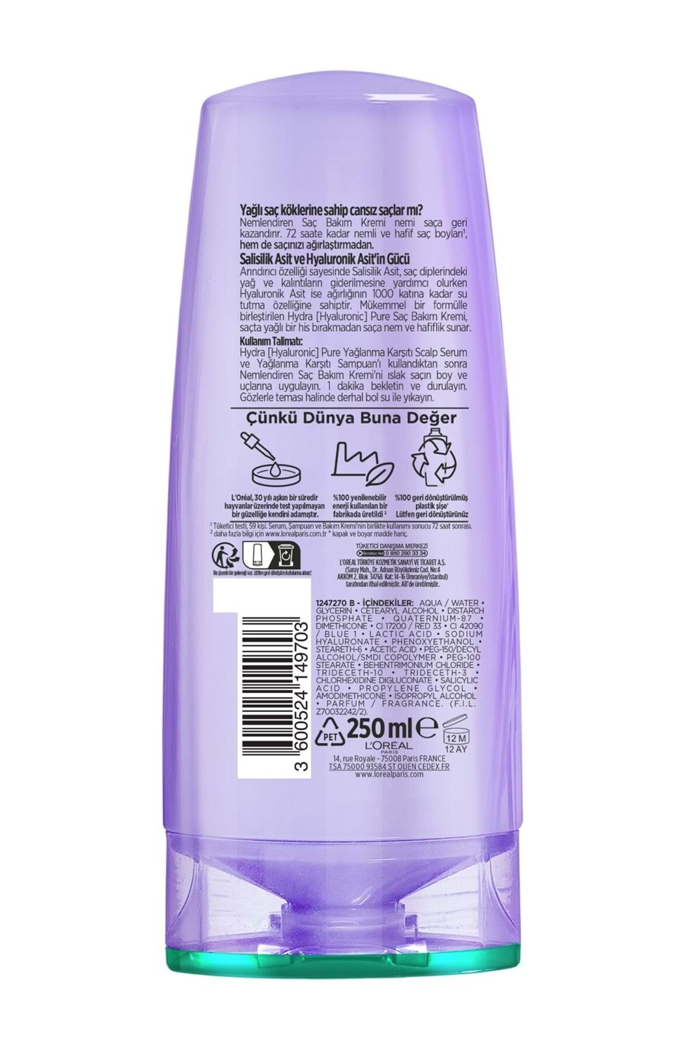 Loreal Paris Elseve Hydra [hyaluronic] Pure Salisilik Asit Içeren Yağlanma Karşıtı Nemlendirici Saç Kremi 250ml