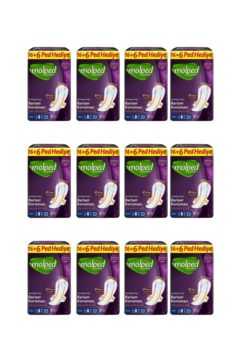 Molped SuperNight Gece Dev Ultra Hijyenik Bariyer Koruma Eko 22'Li x 12 Paket - 1 Koli 264 Adet Ped