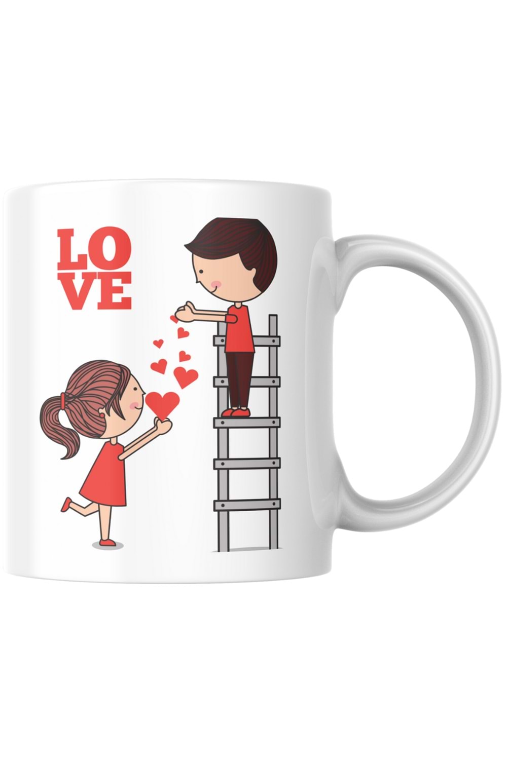 Win Ovro Premium Ultra Beyaz Porselen Kupa Bardak Çift Yönlü Baskılı - Sevgili Aşk Kalp Merdiven