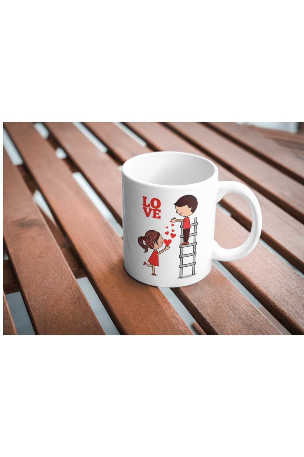 Win Ovro Premium Ultra Beyaz Porselen Kupa Bardak Çift Yönlü Baskılı - Sevgili Aşk Kalp Merdiven