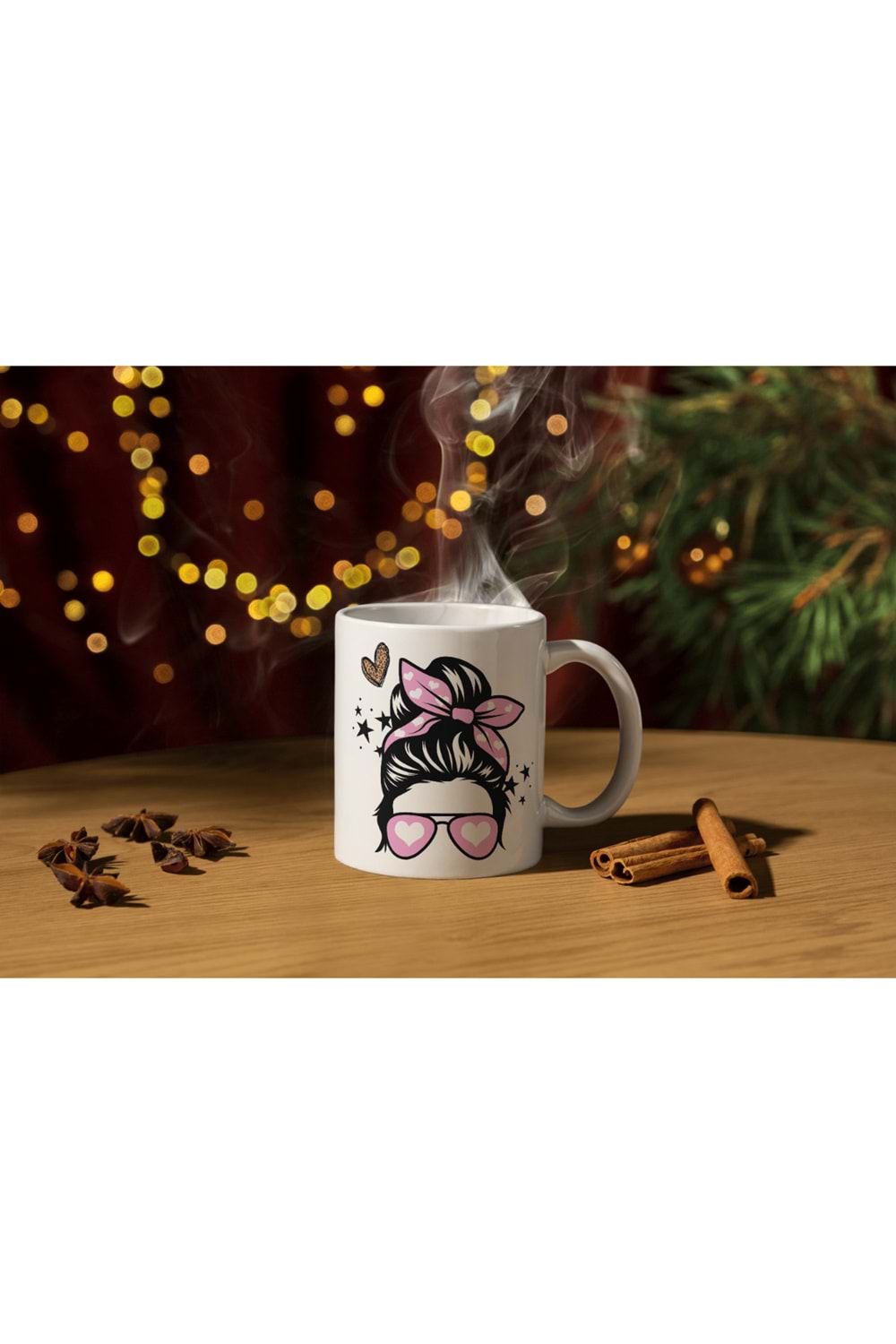 Win Ovro Premium Ultra Beyaz Porselen Kupa Bardak Çift Yönlü Baskılı - Kalp Gözlük Kadın