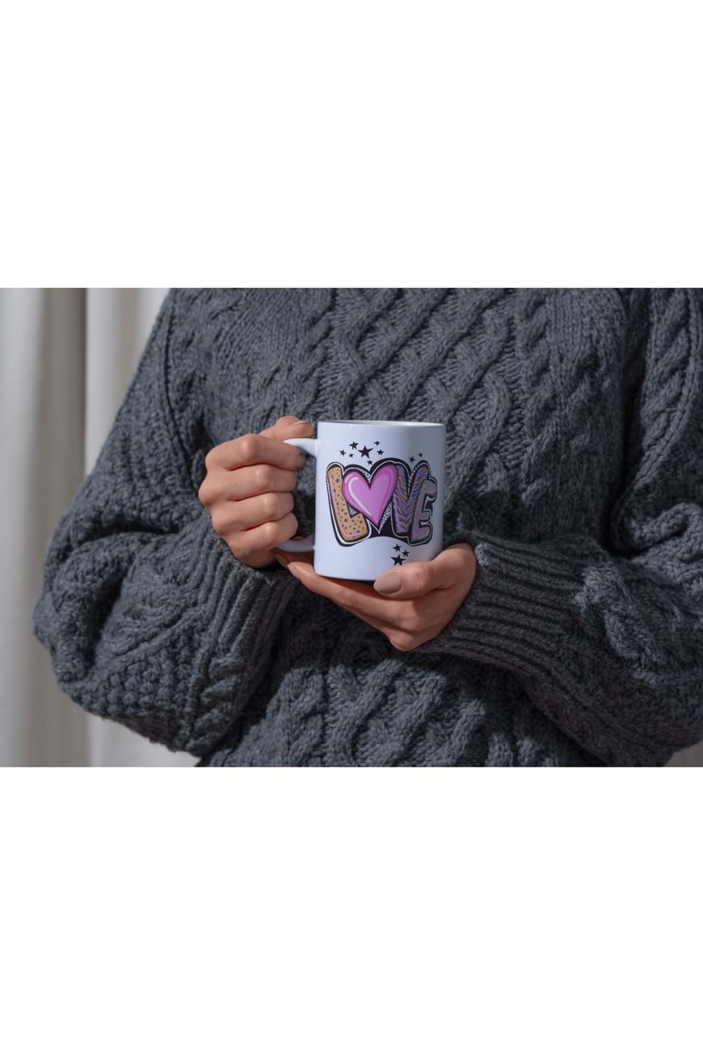 Win Ovro Premium Ultra Beyaz Porselen Kupa Bardak Çift Yönlü Baskılı - Love Yazı Desenli Renkli