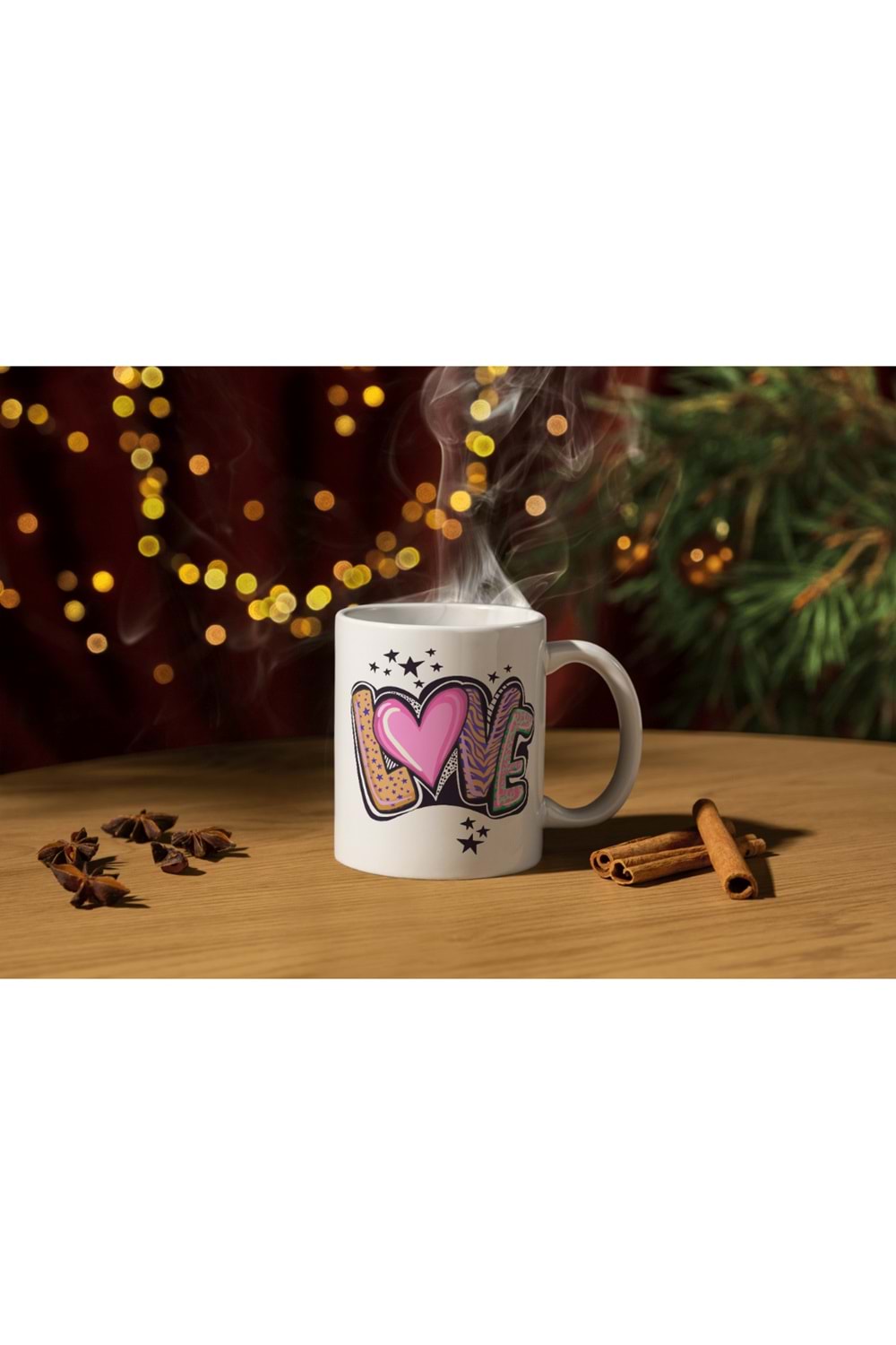 Win Ovro Premium Ultra Beyaz Porselen Kupa Bardak Çift Yönlü Baskılı - Love Yazı Desenli Renkli