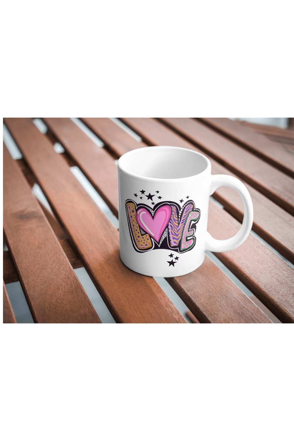 Win Ovro Premium Ultra Beyaz Porselen Kupa Bardak Çift Yönlü Baskılı - Love Yazı Desenli Renkli
