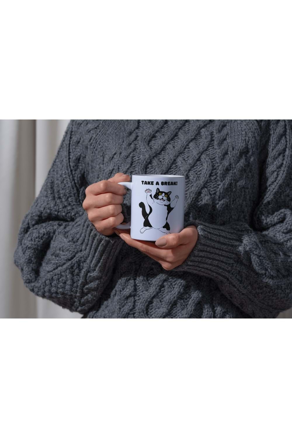 Win Ovro Premium Ultra Beyaz Porselen Kupa Bardak Çift Yönlü Baskılı - Take A Break Coffee