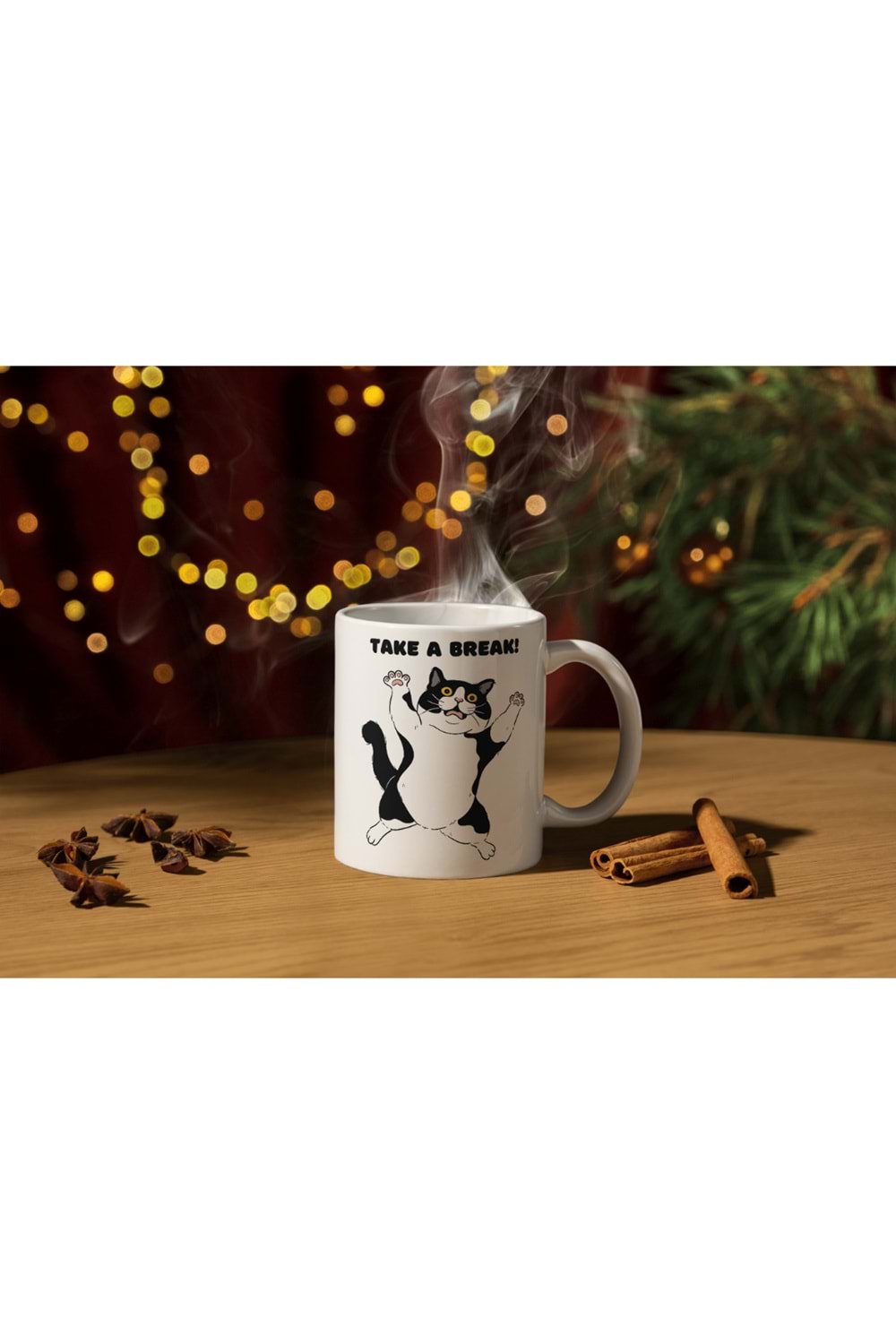 Win Ovro Premium Ultra Beyaz Porselen Kupa Bardak Çift Yönlü Baskılı - Take A Break Coffee