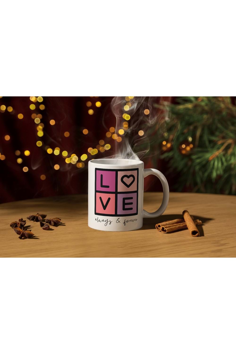 Win Ovro Premium Ultra Beyaz Porselen Kupa Bardak Çift Yönlü Baskılı - Love Sonsuza Kadar Aşk