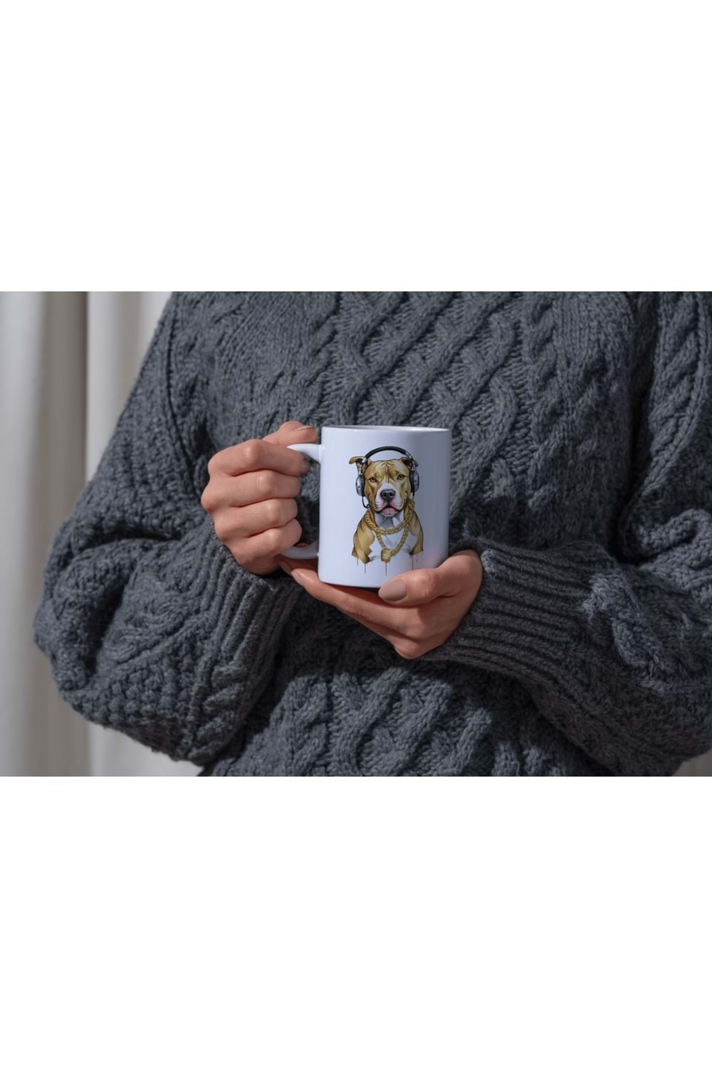 Win Ovro Premium Ultra Beyaz Porselen Kupa Bardak Çift Yönlü Baskı - Kulaklık Köpek Art Tasarım