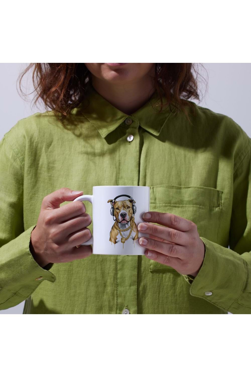 Win Ovro Premium Ultra Beyaz Porselen Kupa Bardak Çift Yönlü Baskı - Kulaklık Köpek Art Tasarım