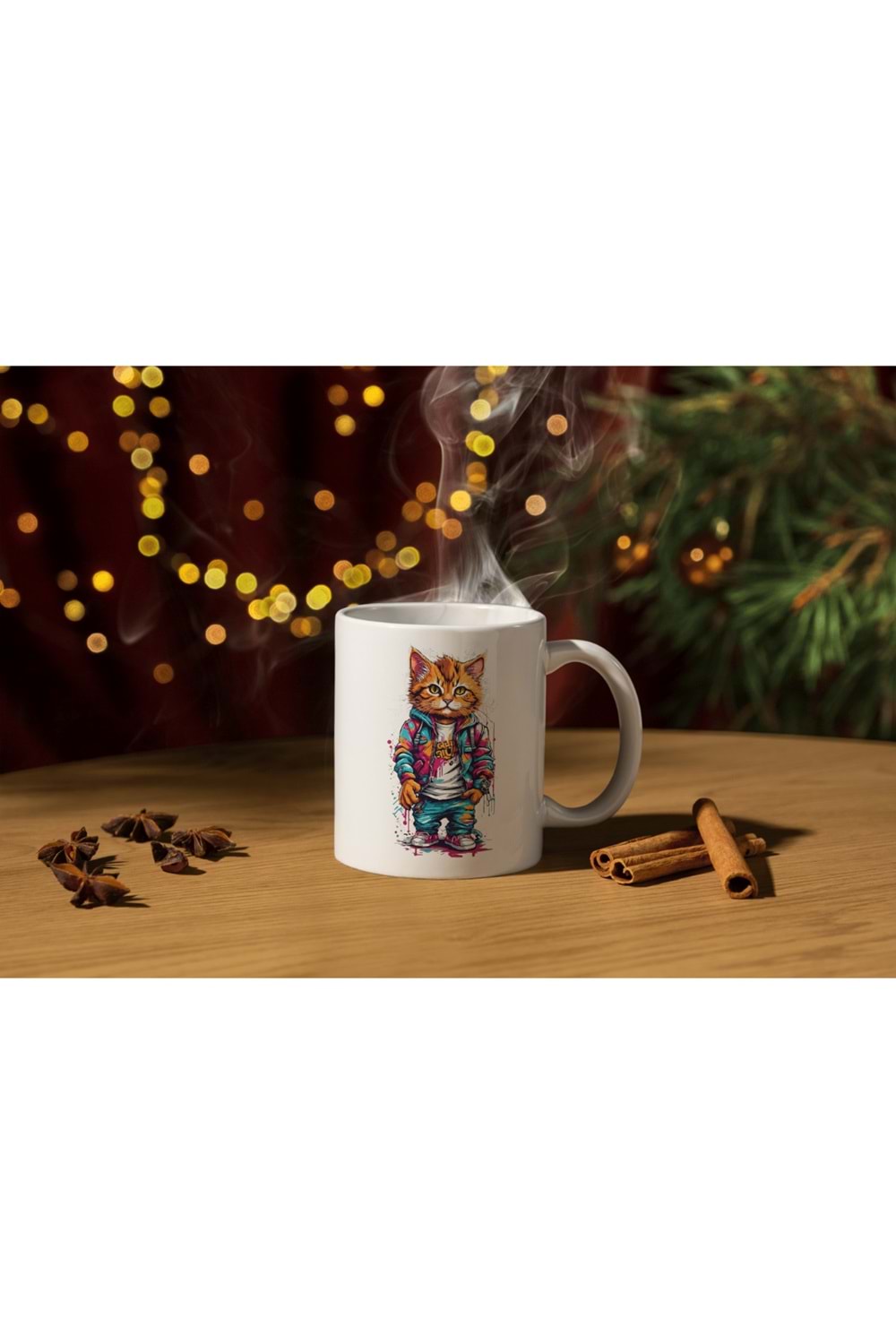 Win Ovro Premium Ultra Beyaz Porselen Kupa Bardak Çift Yönlü Baskı - Kedi Cat Renkli Art Tasarım