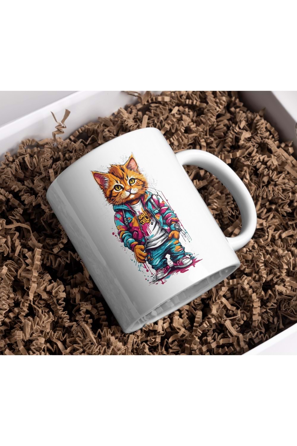 Win Ovro Premium Ultra Beyaz Porselen Kupa Bardak Çift Yönlü Baskı - Kedi Cat Renkli Art Tasarım