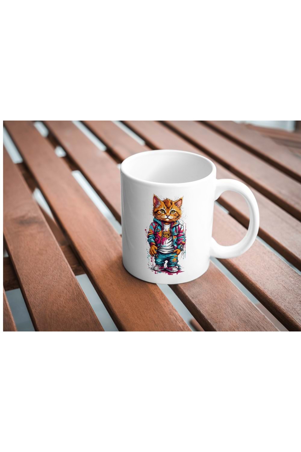 Win Ovro Premium Ultra Beyaz Porselen Kupa Bardak Çift Yönlü Baskı - Kedi Cat Renkli Art Tasarım