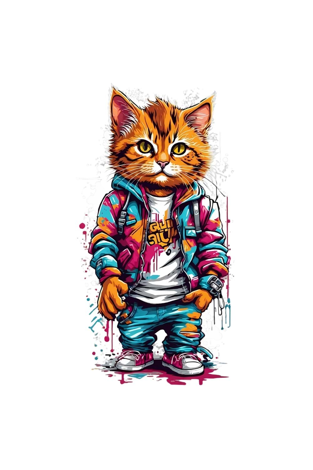 Win Ovro Premium Ultra Beyaz Porselen Kupa Bardak Çift Yönlü Baskı - Kedi Cat Renkli Art Tasarım