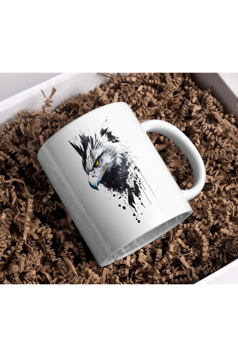 Win Ovro Premium Ultra Beyaz Porselen Kupa Bardak Çift Yönlü Baskı - Kartal Eagle Siyah Beyaz Tasarım