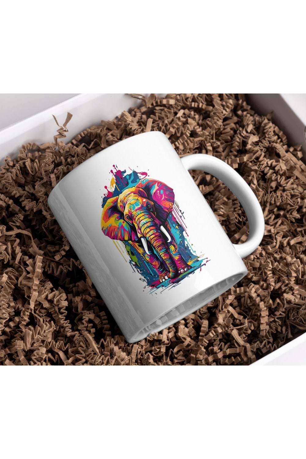 Win Ovro Premium Ultra Beyaz Porselen Kupa Bardak Çift Yönlü Baskı - Fil Renkli Tasarım İllüstrasyon
