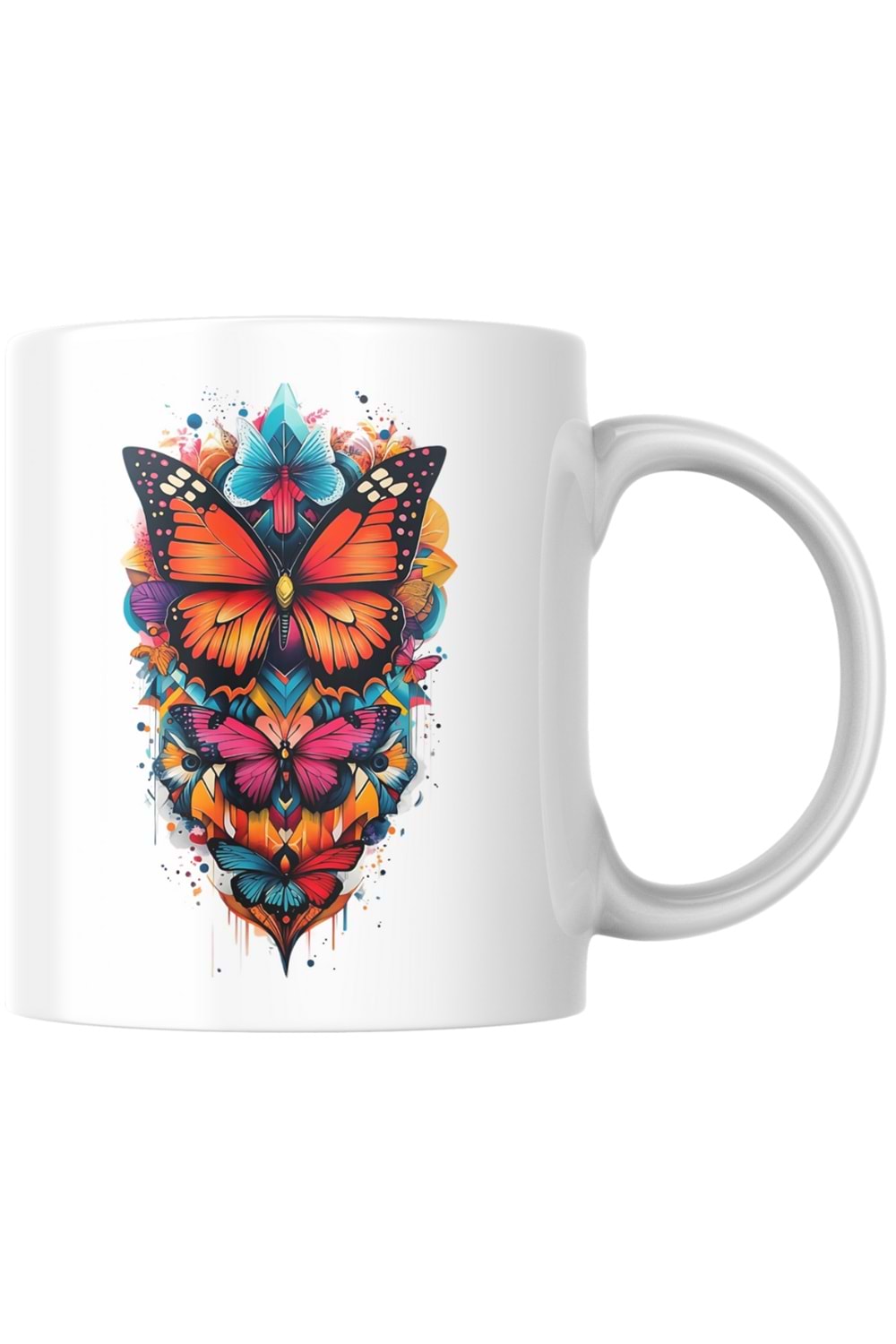 Win Ovro Premium Ultra Beyaz Porselen Kupa Bardak Çift Yönlü Baskı - Kelebek Tasarım İllüstrasyon