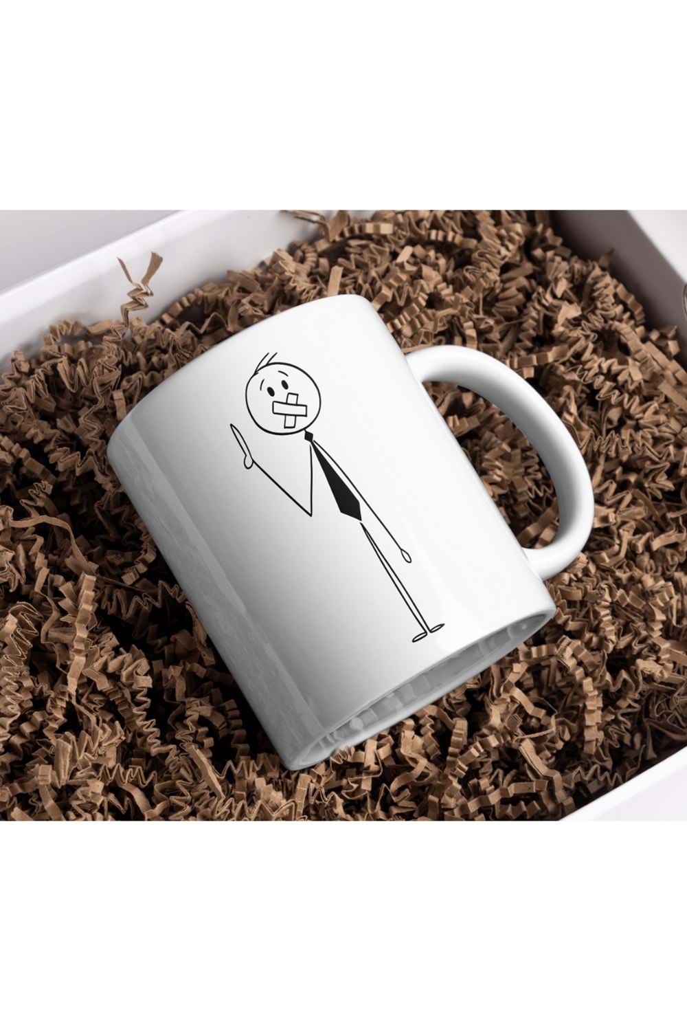 Win Ovro Premium Beyaz Porselen Hediye Kupa Bardak Çift Yönlü Baskı - Çizgiyle Anlat Çöp Adam Susma