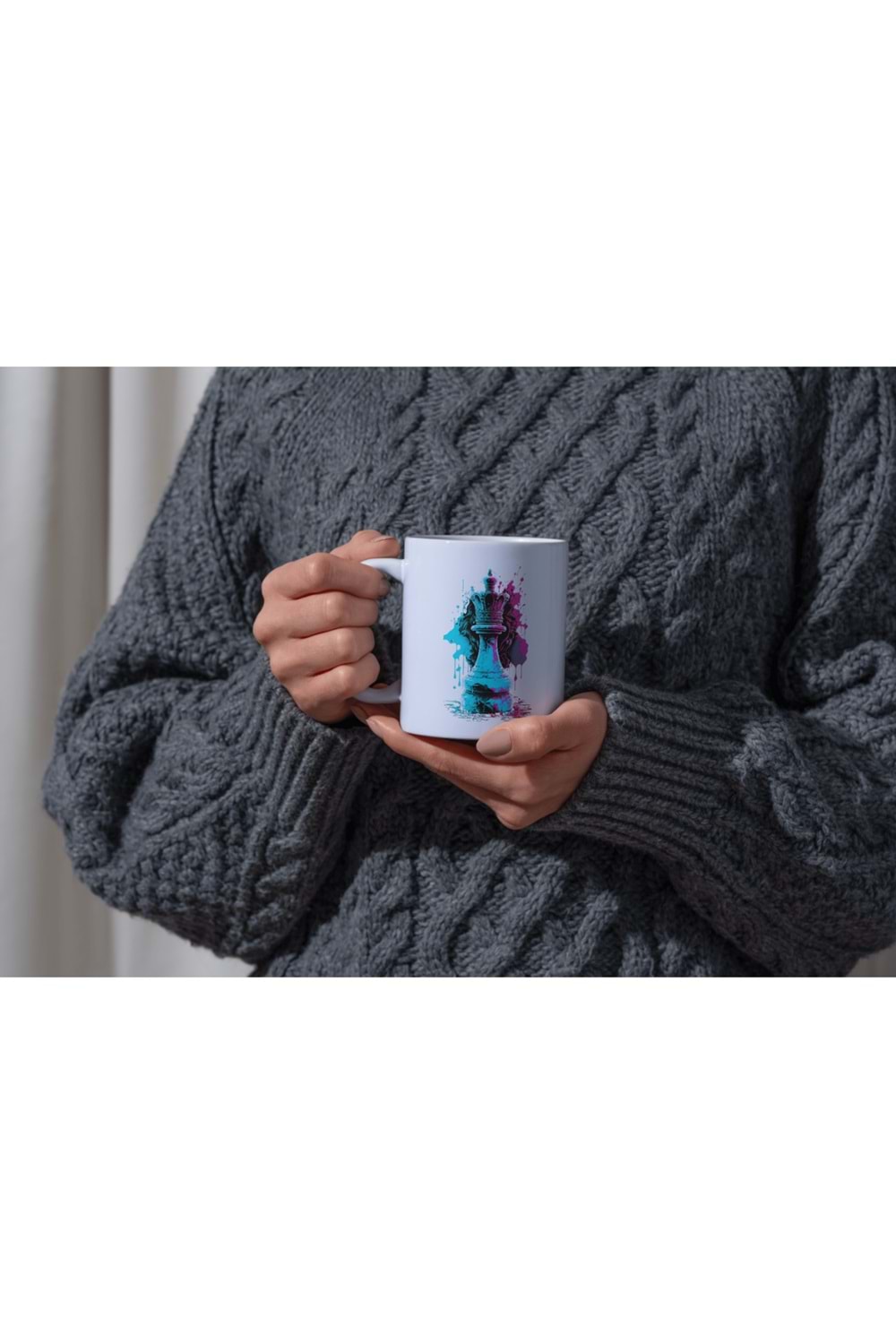 Win Ovro Premium Beyaz Porselen Hediye Kupa Bardak Çift Yön Baskı - Şah Kral Satranç Renkli Chess