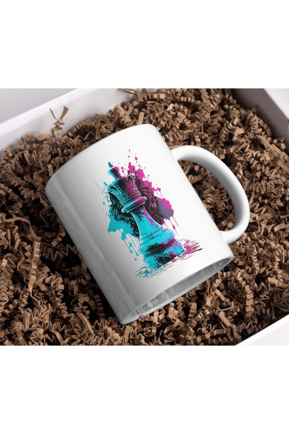 Win Ovro Premium Beyaz Porselen Hediye Kupa Bardak Çift Yön Baskı - Şah Kral Satranç Renkli Chess