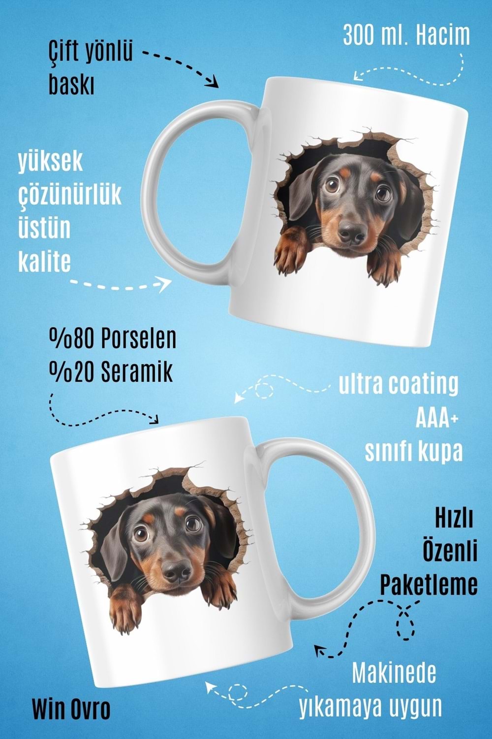 Win Ovro Premium Beyaz Porselen Hediye Kupa Bardak Çift Yön Baskı - Meraklı Pati