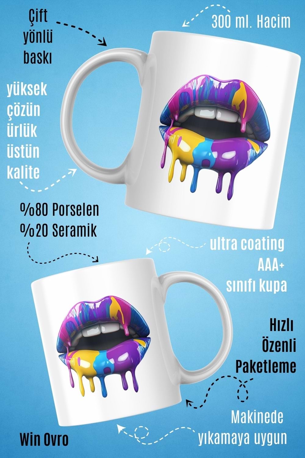 Win Ovro Premium Beyaz Porselen Hediye Kupa Bardak Çift Yön Baskı - Sanatsal Dudaklar Artistic Lips