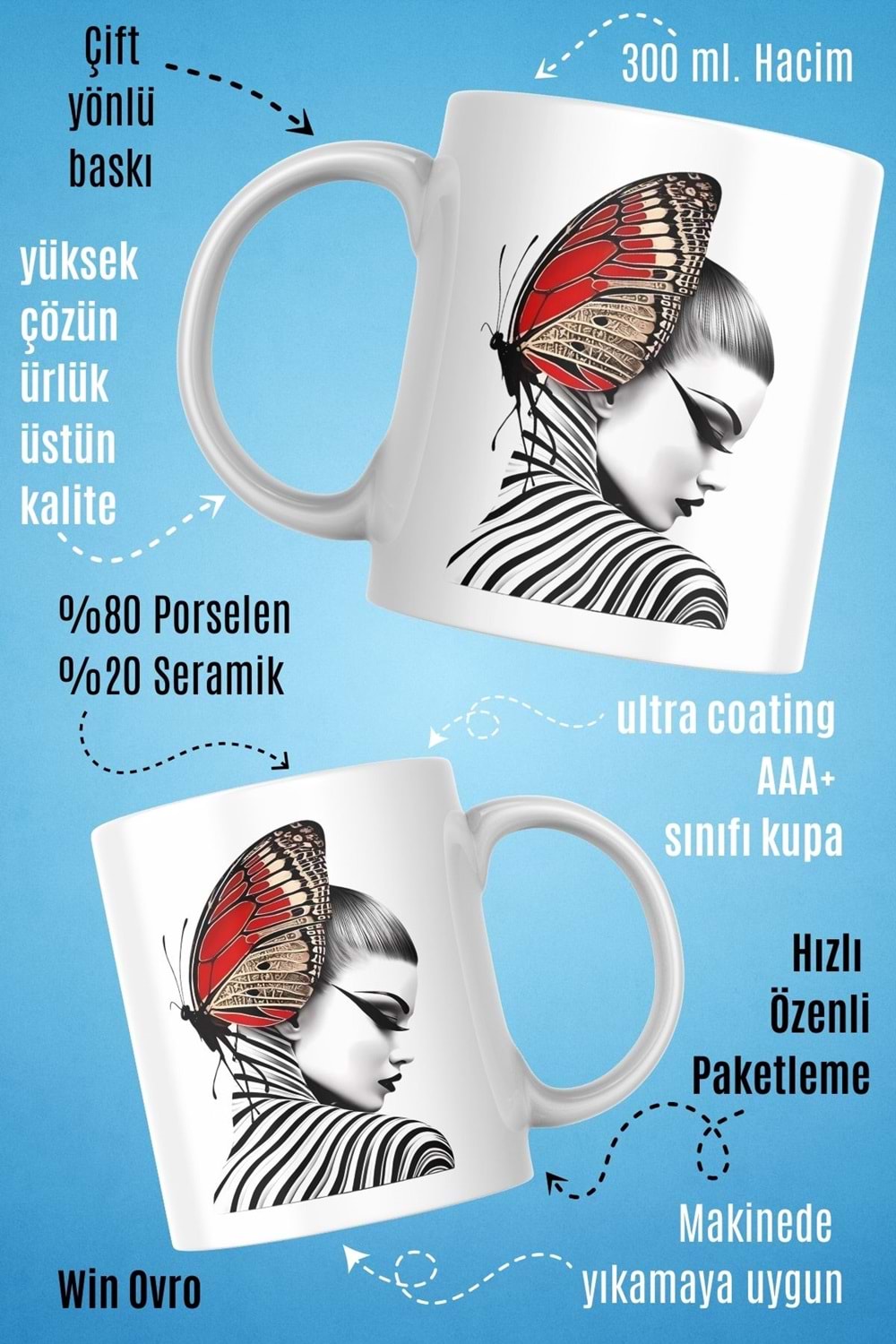 Win Ovro Premium Beyaz Porselen Hediye Kupa Bardak Çift Yön Baskı - Butterfly Effect Doğa ve Sanat