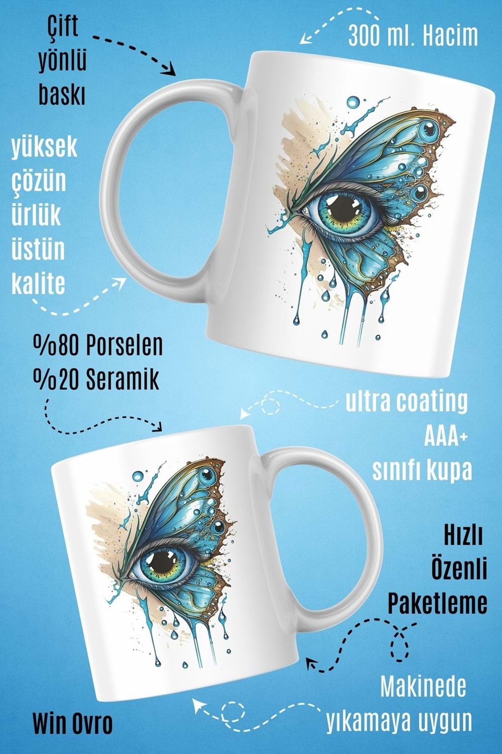 Win Ovro Premium Beyaz Porselen Hediye Kupa Bardak Çift Yön Baskı - Kelebek Kanadında Bir Göz