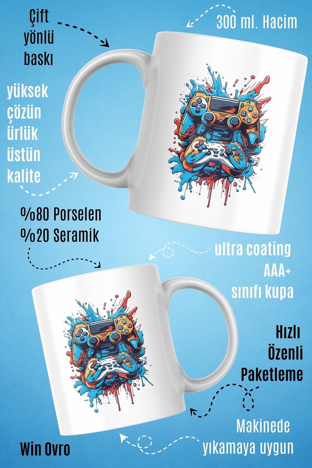 Win Ovro Premium Beyaz Porselen Hediye Kupa Bardak Çift Yön Baskı - Joystick Fırtınası PS Kol Art