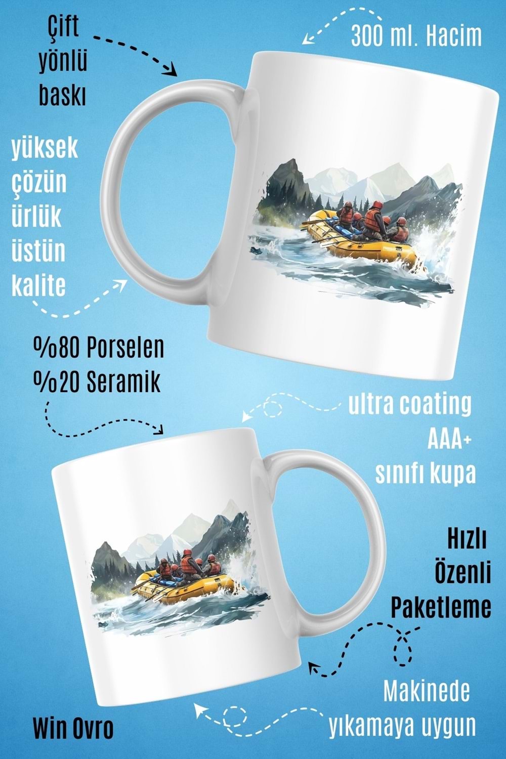 Win Ovro Premium Beyaz Porselen Hediye Kupa Bardak Çift Yön Baskı - Suya Yazılan Macera Rafting