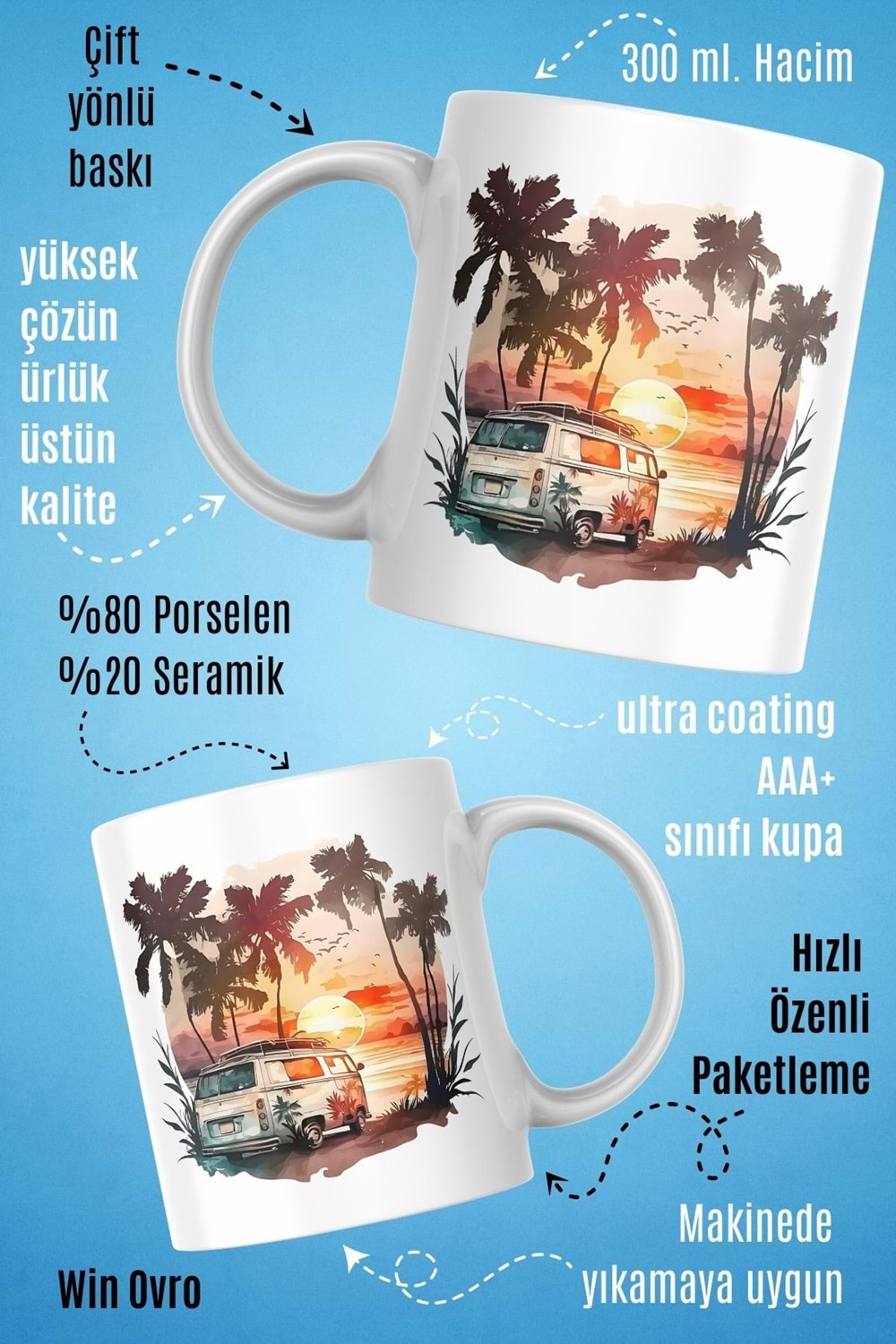 Win Ovro Premium Beyaz Porselen Hediye Kupa Bardak Çift Yön Baskı - Sun of The Mini Bus