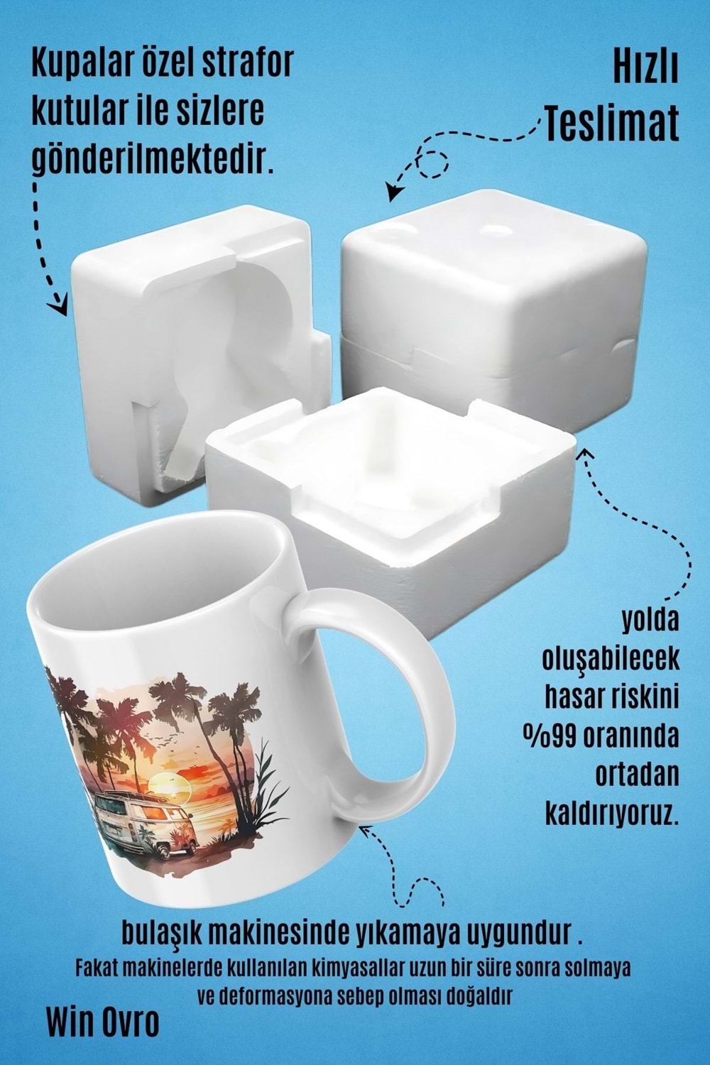 Win Ovro Premium Beyaz Porselen Hediye Kupa Bardak Çift Yön Baskı - Sun of The Mini Bus