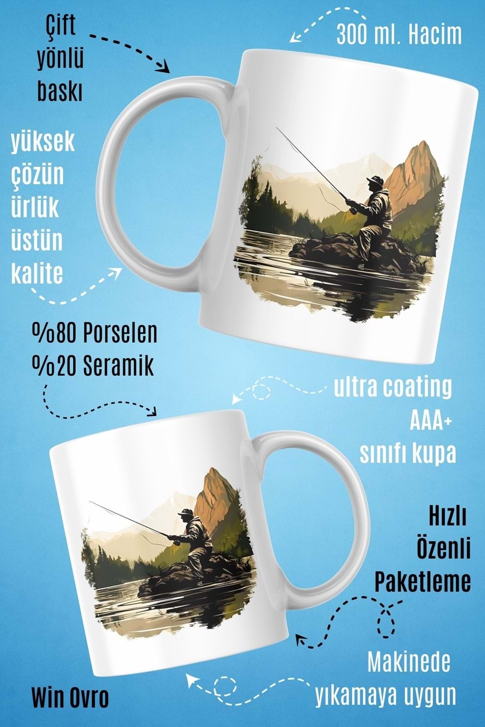 Win Ovro Premium Beyaz Porselen Hediye Kupa Bardak Çift Yön Baskı - Huzurun Doğası Nature Of Fish
