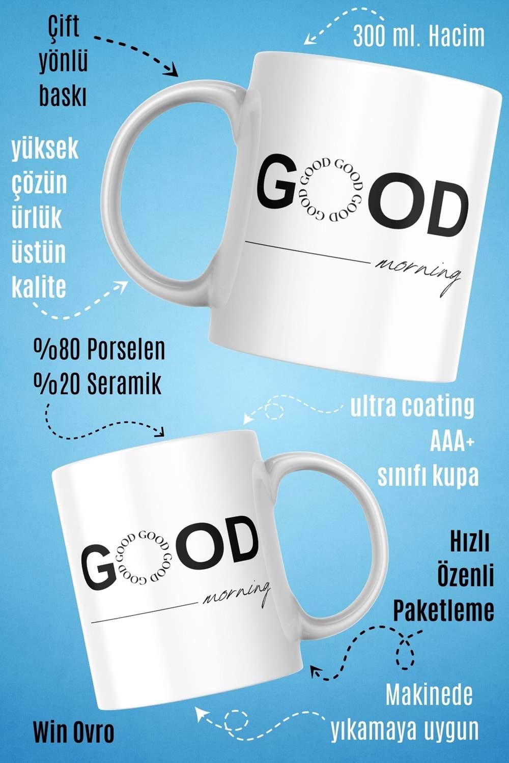 Win Ovro Premium Beyaz Porselen Hediye Kupa Bardak Çift Yön Baskı - Good Morning