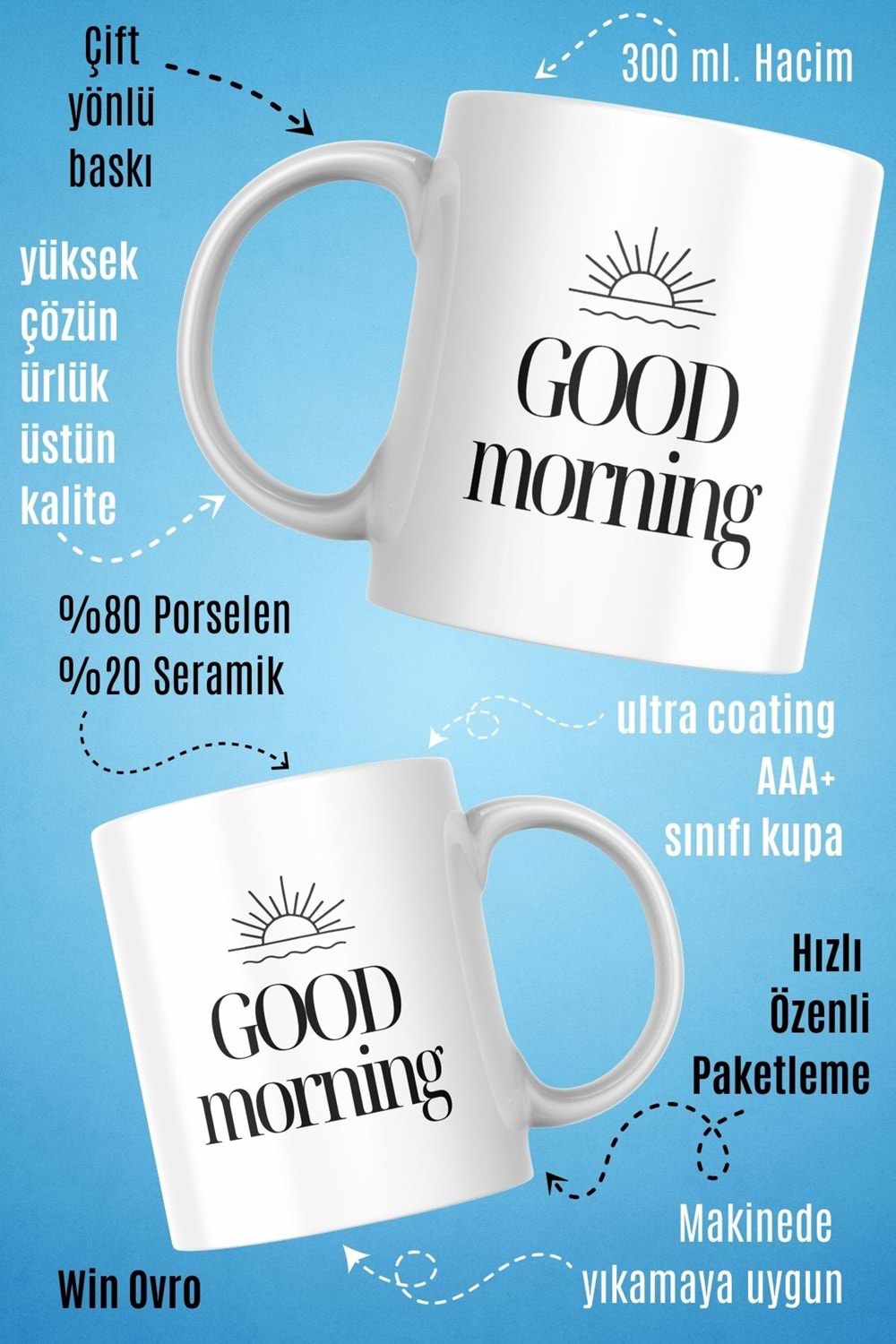 Win Ovro Premium Beyaz Porselen Hediye Kupa Bardak Çift Yön Baskı - Good Morning Sun