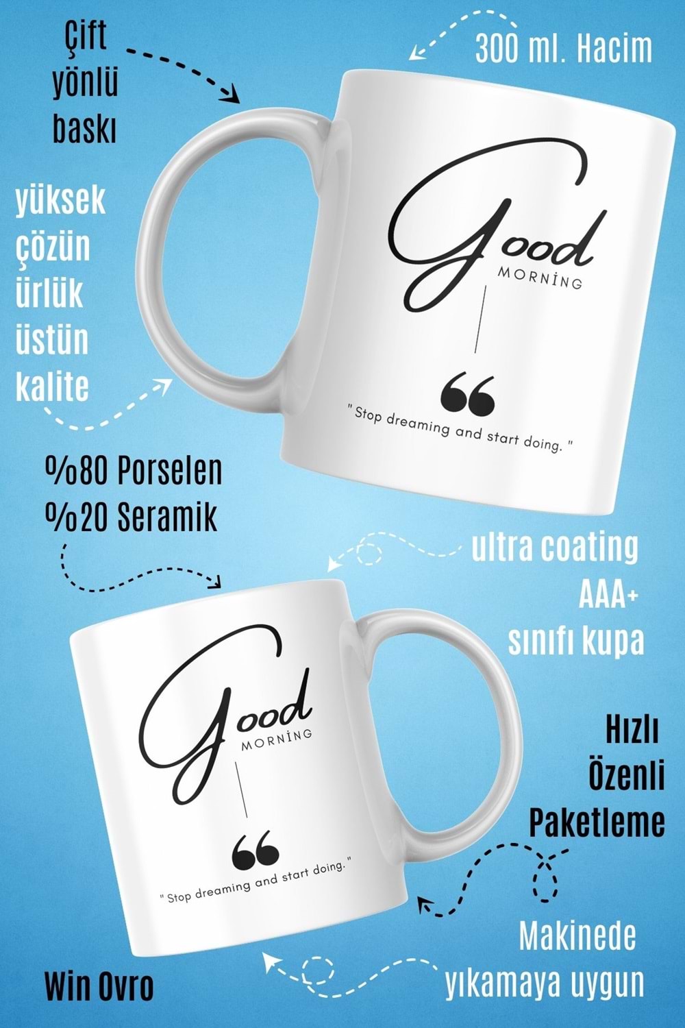 Win Ovro Premium Beyaz Porselen Hediye Kupa Bardak Çift Yön Baskı - Good Morning Dream