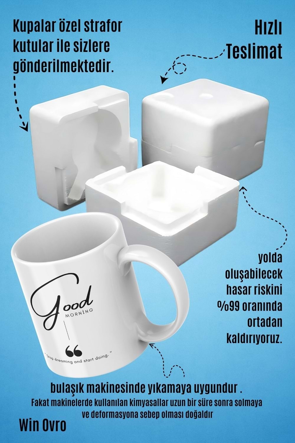 Win Ovro Premium Beyaz Porselen Hediye Kupa Bardak Çift Yön Baskı - Good Morning Dream