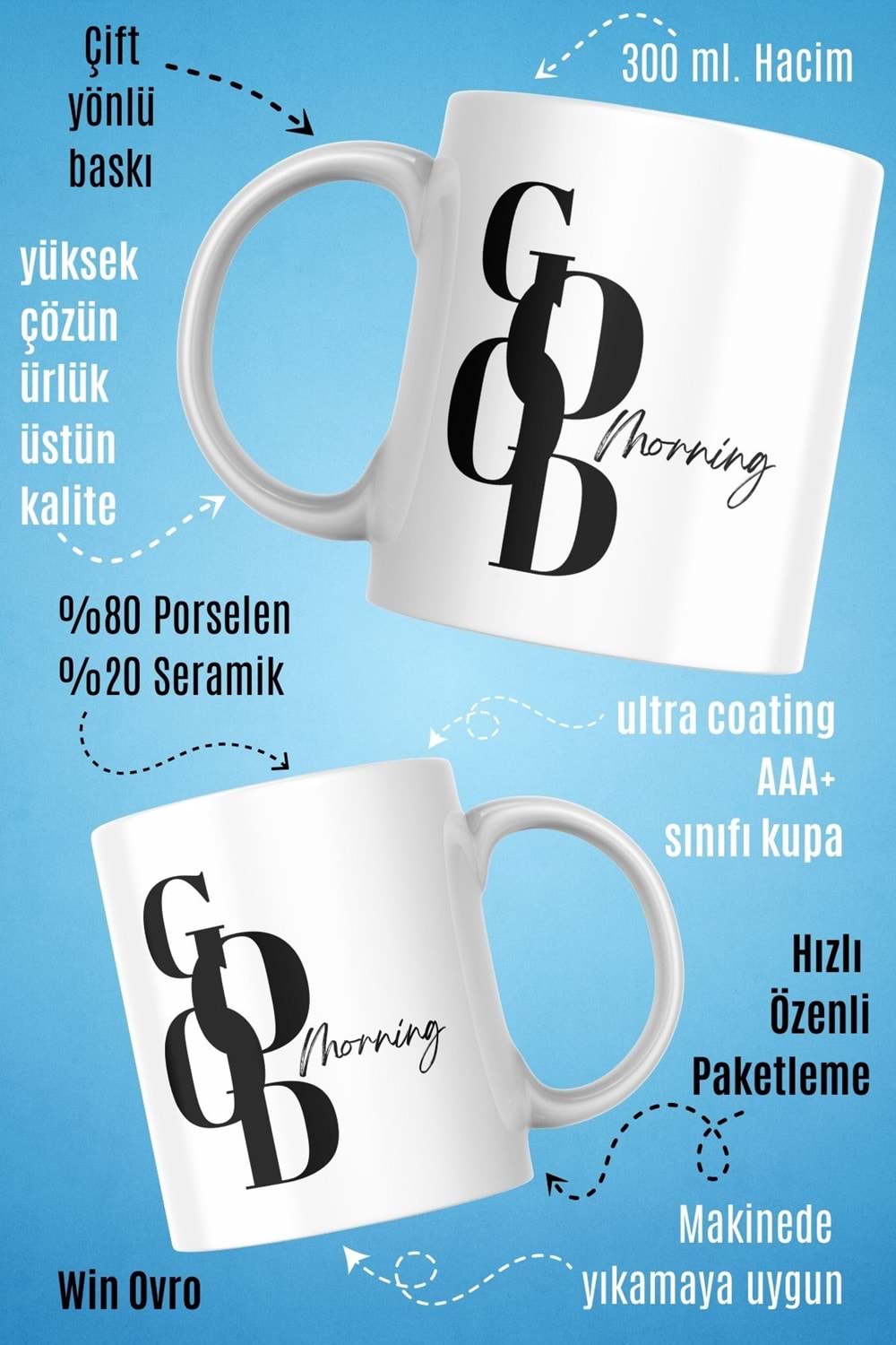 Win Ovro Premium Beyaz Porselen Hediye Kupa Bardak Çift Yön Baskı - Good Morning Style