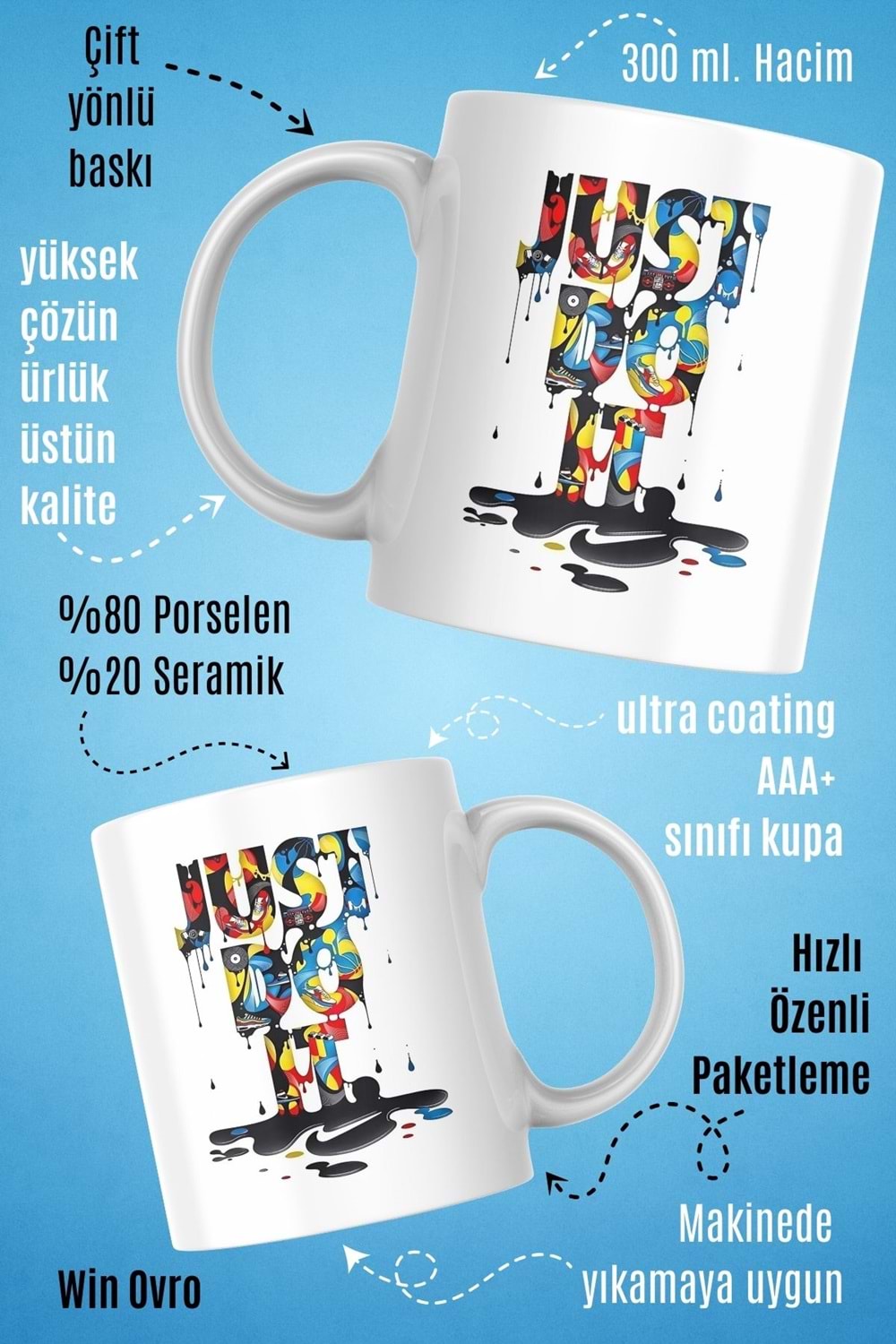 Win Ovro Premium Beyaz Porselen Hediye Kupa Bardak Çift Yön Baskı - Just Do it