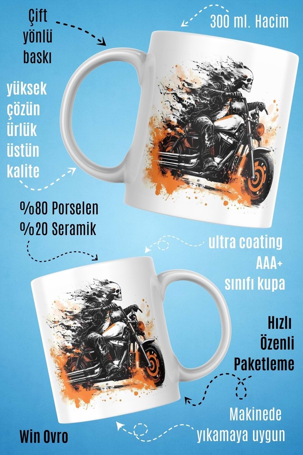 Win Ovro Premium Beyaz Porselen Hediye Kupa Bardak Çift Yön Baskı - Hot Motorcycle Art Motor