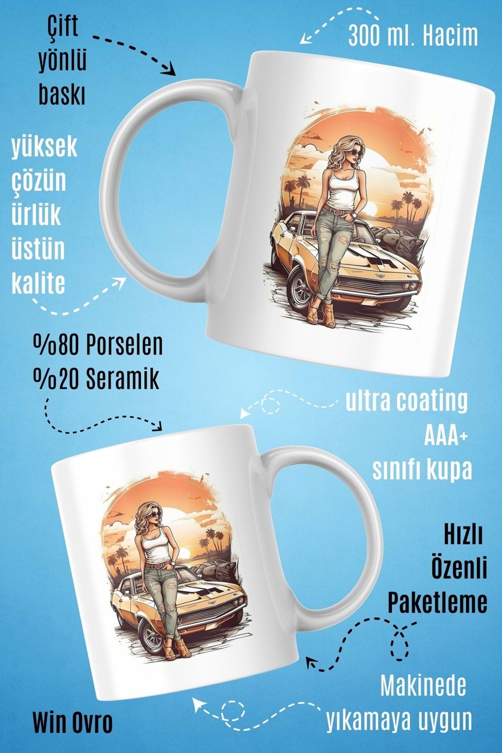 Win Ovro Premium Beyaz Porselen Hediye Kupa Bardak Çift Yön Baskı - Sun Car Beauty Güzele Güneş