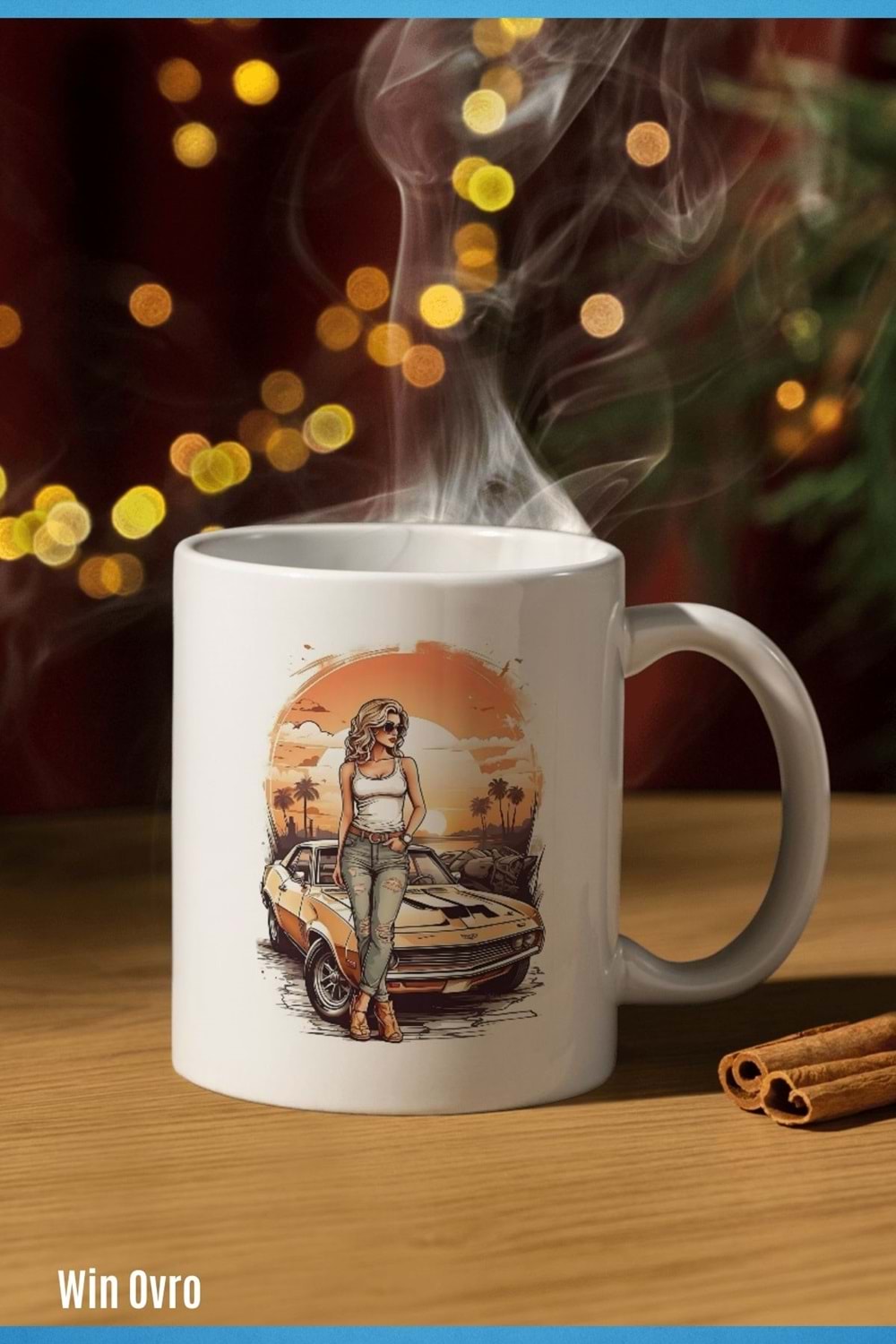 Win Ovro Premium Beyaz Porselen Hediye Kupa Bardak Çift Yön Baskı - Sun Car Beauty Güzele Güneş