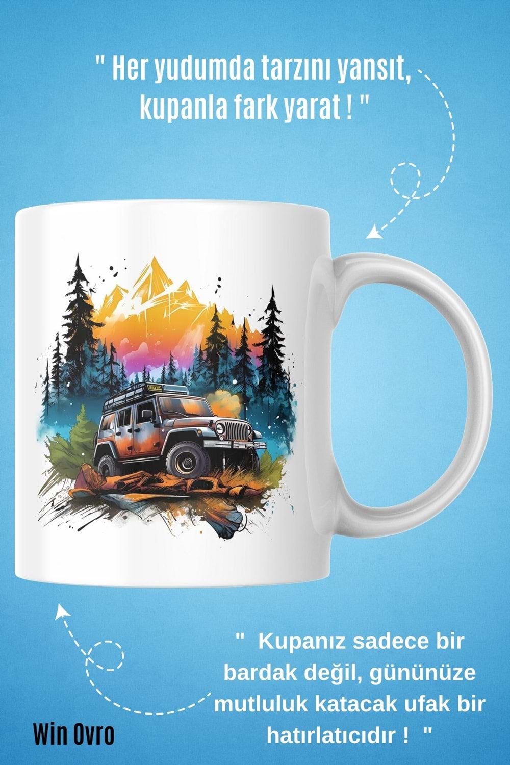 Win Ovro Premium Beyaz Porselen Hediye Kupa Bardak Çift Yön Baskı - Nature Car Off Road Jeep