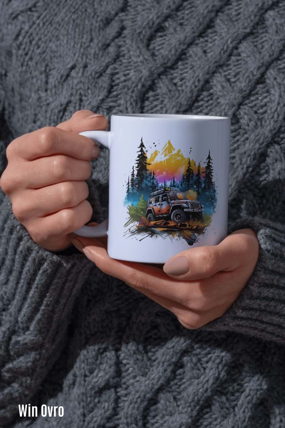 Win Ovro Premium Beyaz Porselen Hediye Kupa Bardak Çift Yön Baskı - Nature Car Off Road Jeep