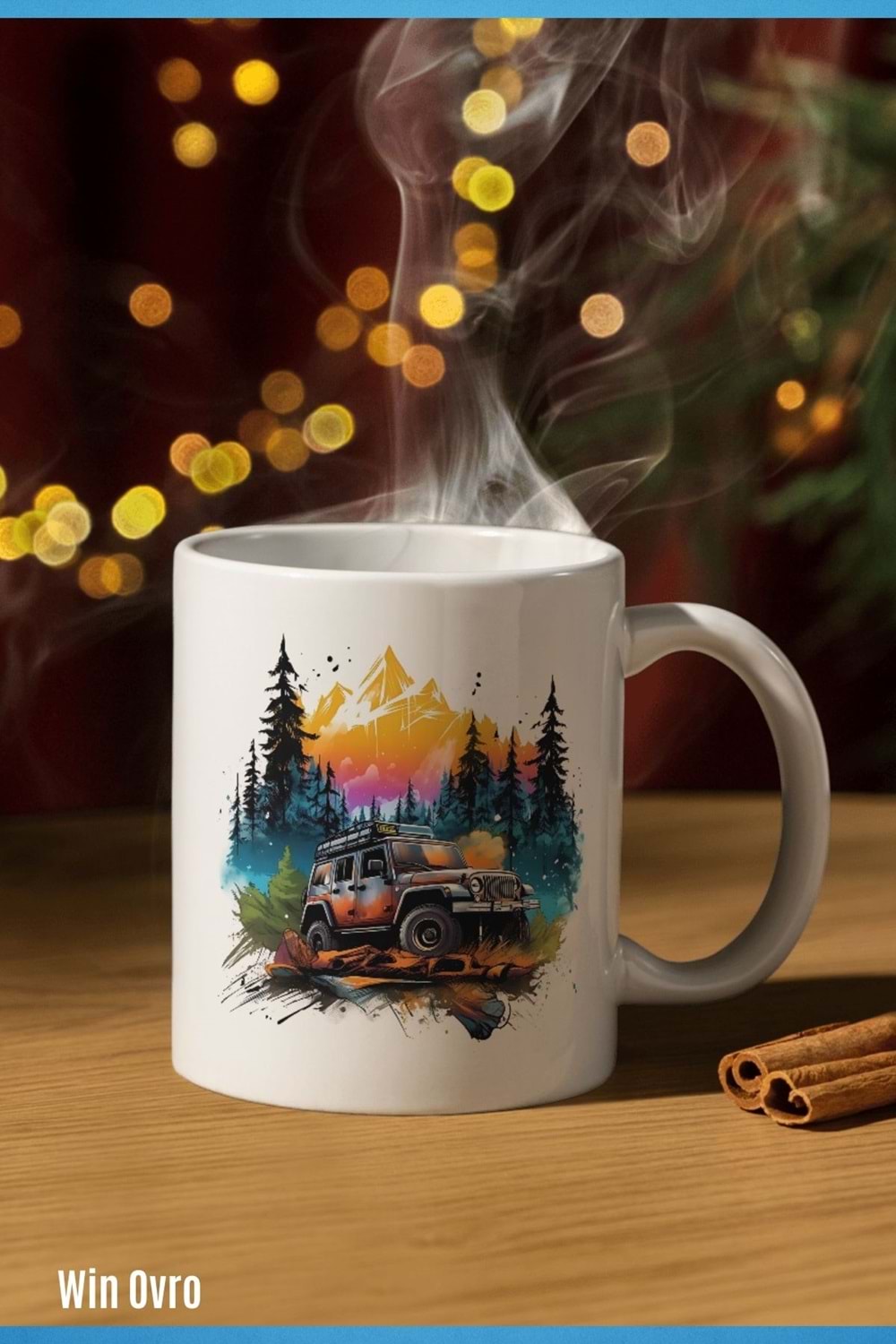 Win Ovro Premium Beyaz Porselen Hediye Kupa Bardak Çift Yön Baskı - Nature Car Off Road Jeep