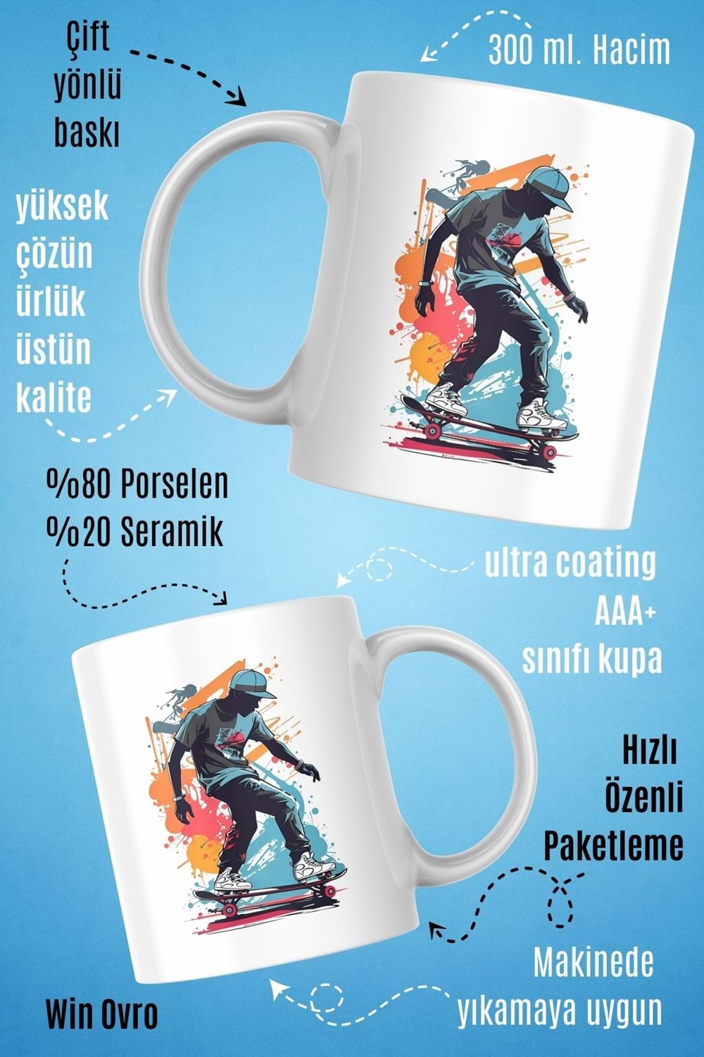 Win Ovro Premium Beyaz Porselen Hediye Kupa Bardak Çift Yön Baskı - Graffiti Skater Rengine KayKay