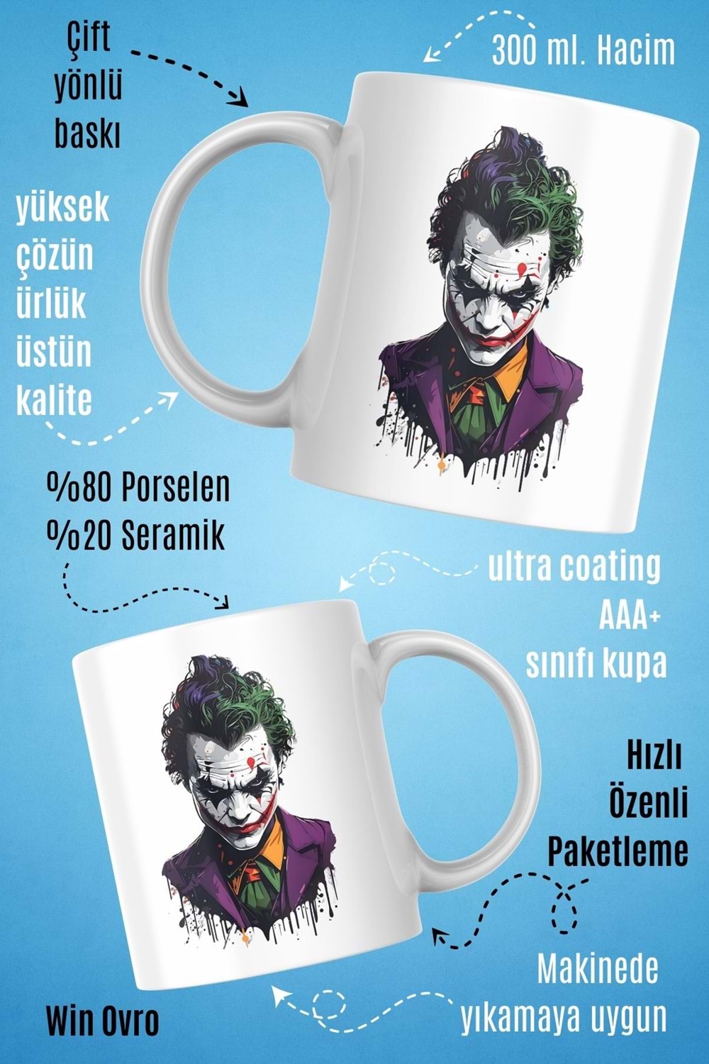 Win Ovro Premium Beyaz Porselen Hediye Kupa Bardak Çift Yön Baskı - Joker Renkli Tasarım