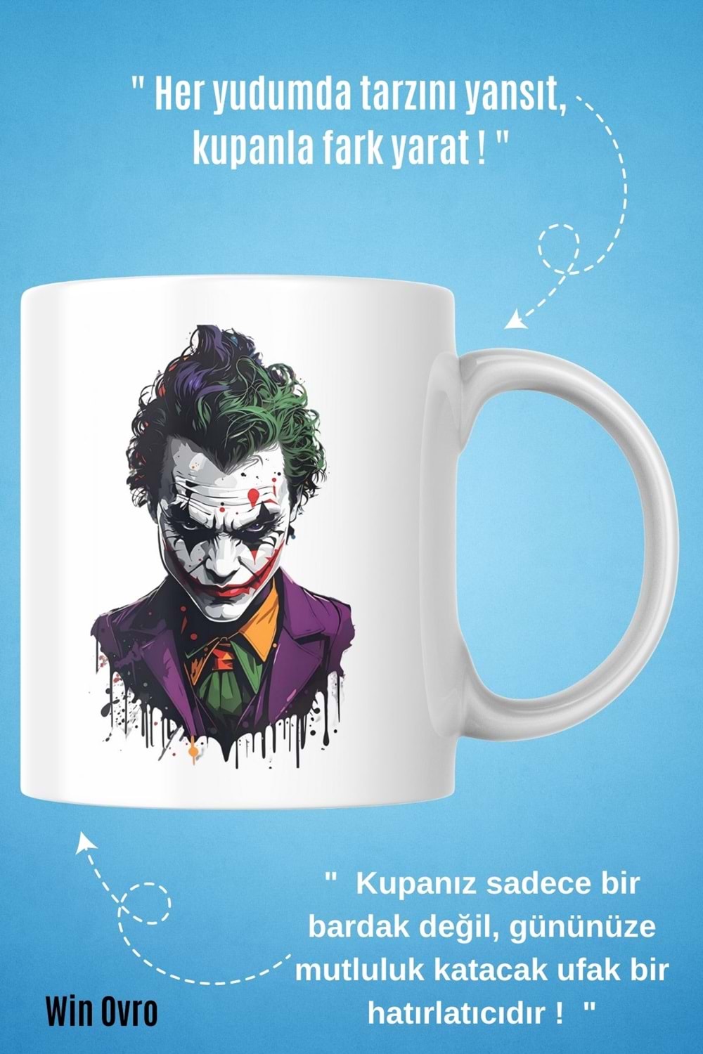 Win Ovro Premium Beyaz Porselen Hediye Kupa Bardak Çift Yön Baskı - Joker Renkli Tasarım