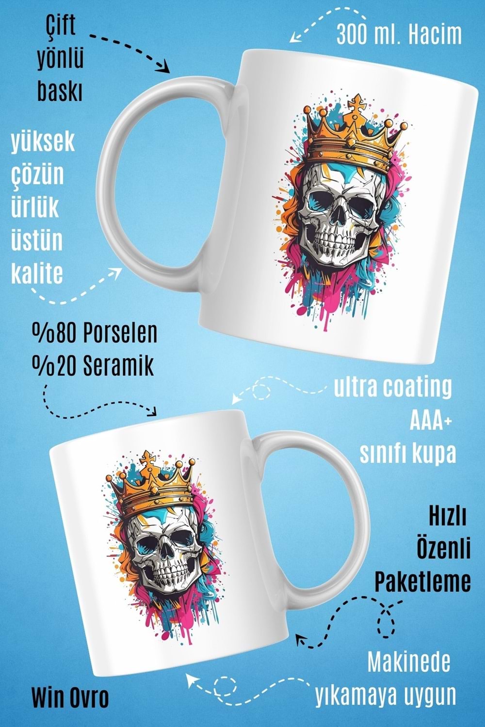 Win Ovro Premium Beyaz Porselen Hediye Kupa Bardak Çift Yön Baskı - Ölümsüz Kral Skeleton King