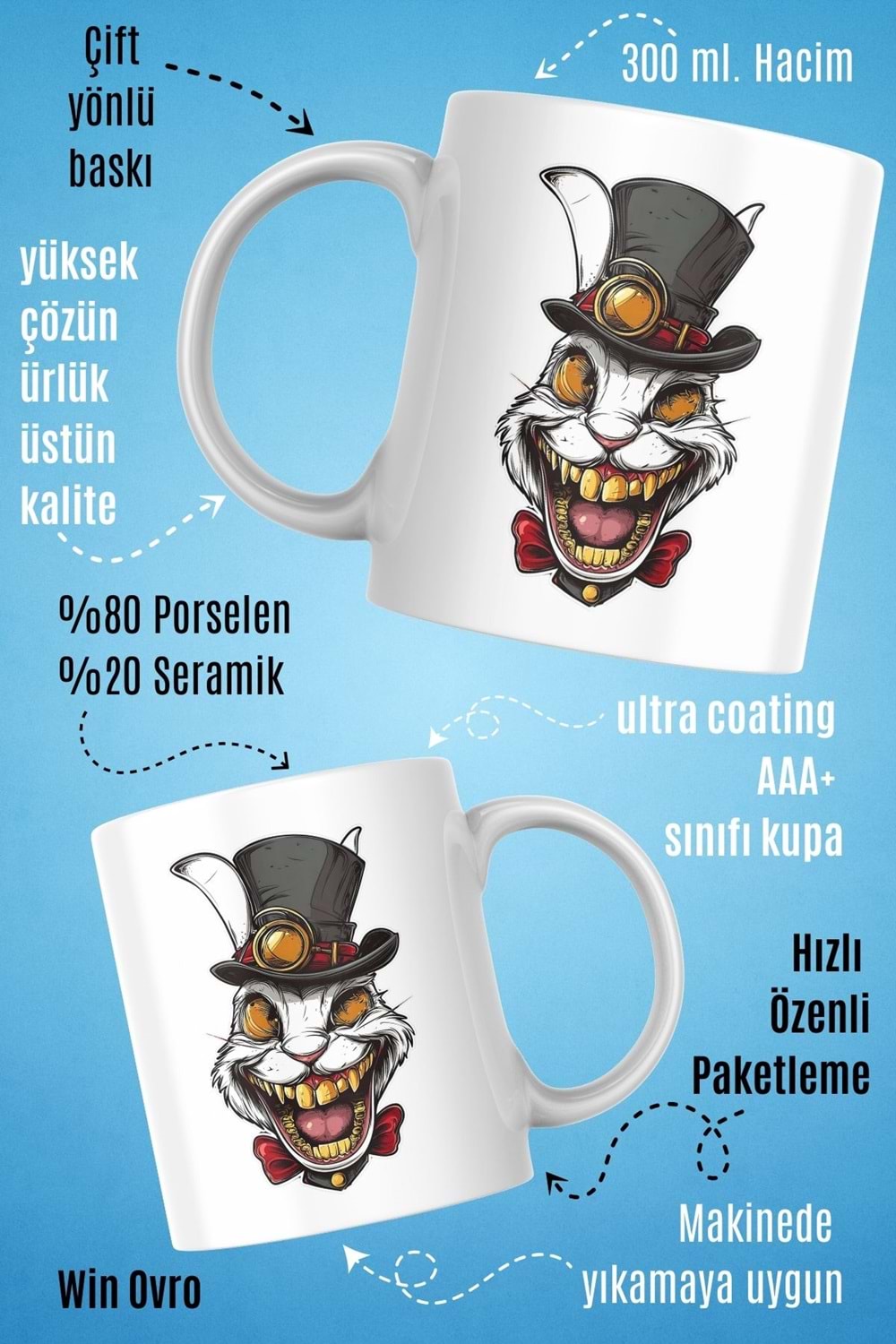 Win Ovro Premium Beyaz Porselen Hediye Kupa Bardak Çift Yön Baskı - Altın Dişli Şapkacı Deli Tavşan